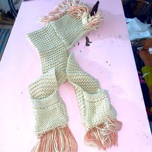 Unicorn Pocket Scarf Hat Combo With Horn and Fringe Adult or Kids One Size Knit
